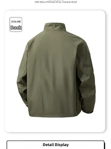 Rear view of army green slim fit jacket with ribbed cuffs and stand collar detail