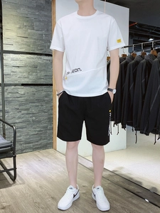 Men's summer ice silk two-piece set with white short sleeve t-shirt and black casual shorts