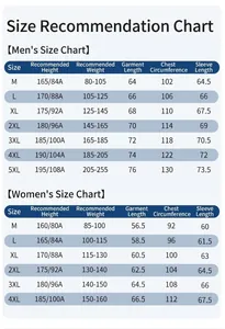 Detailed size chart for sun protection jacket covering men and women sizes from M to 5XL