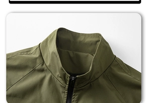 Detail shot of men's olive green slim-fit jacket with sleek zipper and high-quality stitching