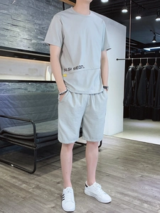 Men's summer ice silk casual set with grey short sleeve t-shirt and shorts outfit