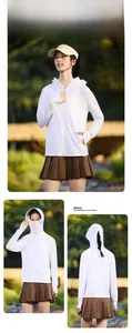 Detailed view of white hooded sun protective jacket with face mask and thumbholes for sun protection