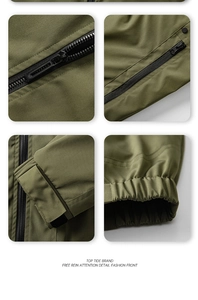 Detail of olive green jacket featuring black zippers and adjustable velcro cuffs