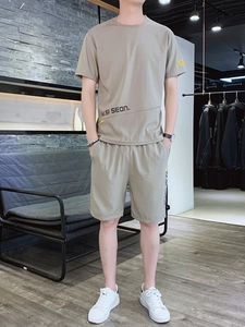 Men's summer ice silk short sleeve t-shirt and shorts casual two-piece set in khaki grey