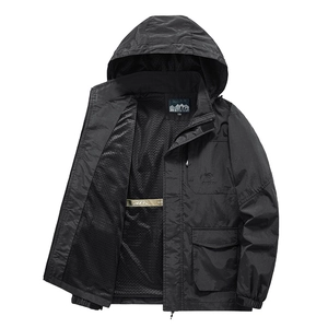 Men's black hooded outdoor windbreaker jacket with tactical pockets and waterproof fabric