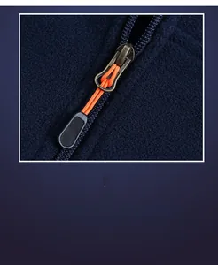 Detail of high-quality zipper with orange puller on warm fleece winter vest for men