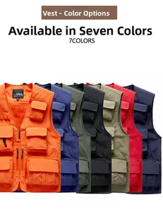 Outdoor multi-pocket tactical vests shown in seven colors with breathable mesh lining
