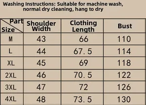 Detailed size chart for men's outdoor fishing vest showing measurements from M to 4XL