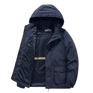 Men's navy blue windproof outdoor jacket with breathable mesh lining and hood
