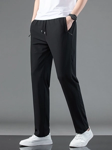 Men's lightweight ice silk trousers in black with drawstring waist and zip pockets