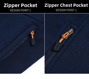 Detail of navy fleece vest showing orange zipper pullers on chest and side pockets