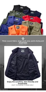Detail view of breathable mesh lining and multi-pocket design on utility fishing vest
