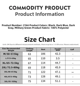 Size chart for men's fleece vest jacket including chest and length measurements