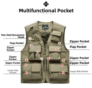 Detailed view of khaki tactical vest featuring 13 functional pockets and mesh lining