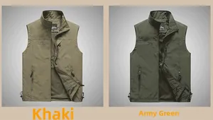 Detail view of multi-pocket outdoor vest featuring stand collar and zipper closures