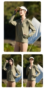Detail of olive green hooded sun jacket featuring functional thumbholes for outdoor protection