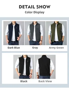 Detailed close-up showing zip-up fleece vests in navy, gray, green, and black colors
