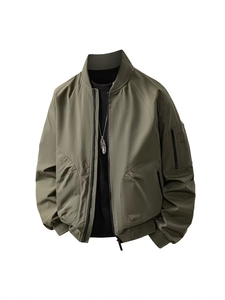Slim fit men's olive green bomber jacket with ribbed collar and utility sleeve pocket