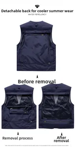 Detail view of water repellent outdoor vest with detachable mesh back and multi-pocket design