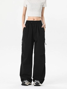 Women Gorpcore Wide Leg Cargo Pants Waterproof Polyester High Waist Drawstring Urban Outdoor Hiking Casual Trousers