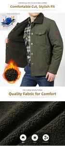 Detail of army green thermal jacket showing fleece lining and utility pocket features