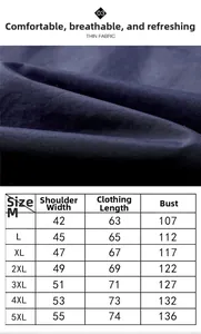 Detailed size guide table for men's outdoor quick-dry fishing and utility vest
