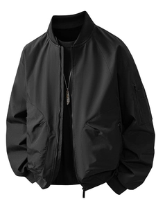 Men's black slim fit bomber jacket with ribbed collar and utility sleeve pocket