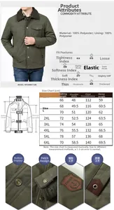 Detailed size chart in cm for men's winter jacket with material specs and measurements