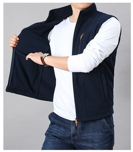 Men's dark blue fleece vest with vertical zipper chest pocket and warm stand collar
