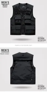 Detailed front and back view of men's black multi-pocket tactical mesh fishing vest
