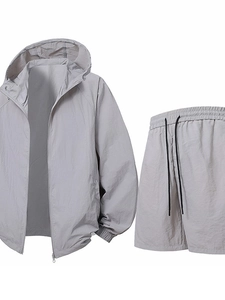 Men Sun Protection Clothing 100% Nylon Quick Dry UPF 50+ Hooded Windbreaker And Athletic Shorts For Casual Outdoor Cycling Sports