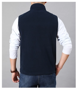 Rear view of men's navy blue fleece vest with stand collar and premium fabric texture