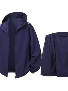 Navy blue men's sun protection set with long-sleeved hooded jacket and drawstring shorts