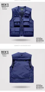 Front and back detail of blue multi-pocket outdoor mesh vest for men with metal zipper