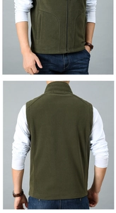 Front and back view of army green men's fleece vest with full zip and stand collar