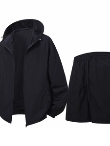 Men's summer black sun protection set with lightweight hooded jacket and drawstring shorts