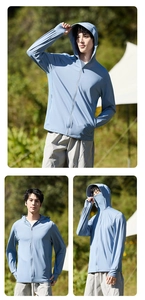 Detail view of light blue outdoor sun protection jacket with hood and thumbhole cuffs