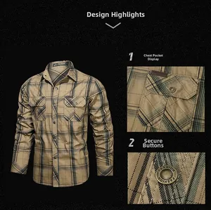 Detail view of khaki plaid cotton shirt showing double chest pockets and fashion buttons