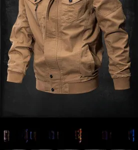 Detailed view of heavy-duty khaki canvas work jacket with dual zipper and button closure