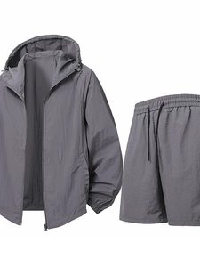 Men's dark gray sun protection set with lightweight hooded jacket and matching shorts