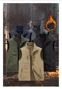 Detail showing five colors of reversible fleece-lined warm vest with stand-up collar