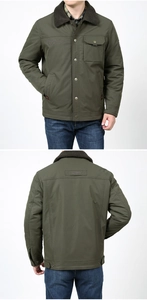 Detailed view of fleece collar and durable windproof olive jacket for men