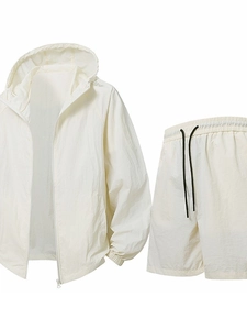 Men's summer sun protection set featuring a cream long-sleeve hooded jacket and shorts