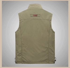 Detail view of the back of a men's outdoor vest featuring a Classic leather label