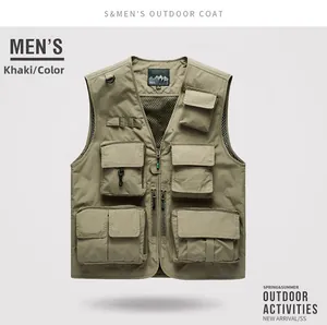 Detailed view of khaki fishing vest showing multiple utility pockets and breathable mesh
