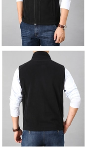 Detailed front and back view of men's black fleece vest with high neck and full zip