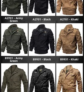 Detail view of military workwear jackets in army green, black and khaki with patch