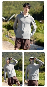 Detail of men's gray sun protection jacket with hood and thumbholes for outdoor sports