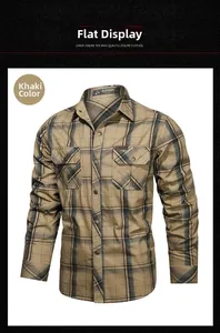 Detail of khaki plaid cotton shirt featuring double chest pockets and classic button cuffs