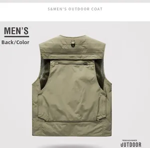 Detail back view of khaki fishing vest featuring mesh panels and large storage pockets